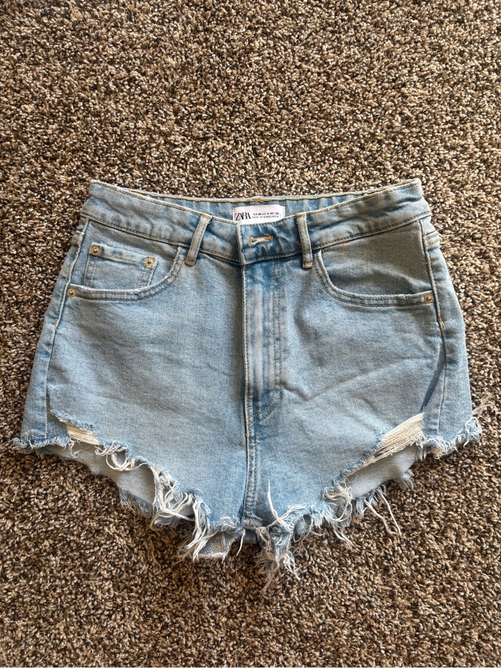 Zara Light Blue Frayed Hem High-Rise Denim Shorts